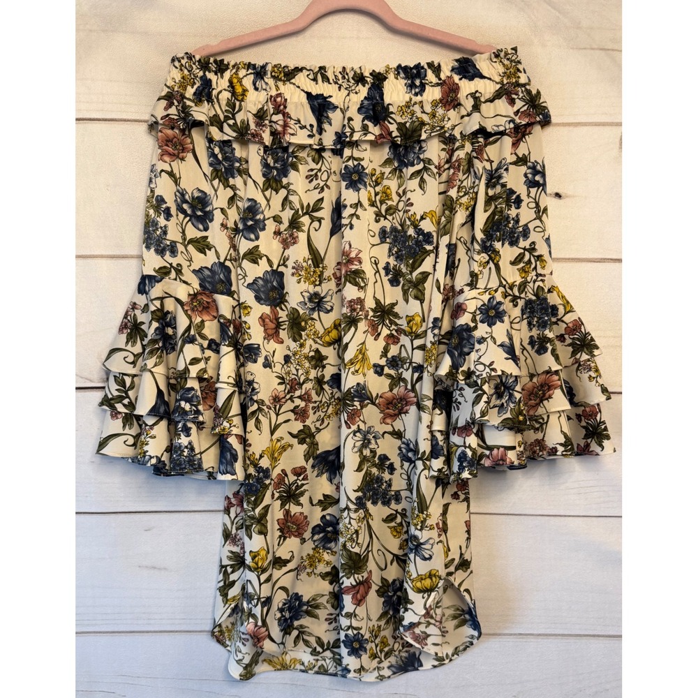 MISA Los Angeles Floral Off Shoulder Tiered Bell Sleeve Top Cream Small